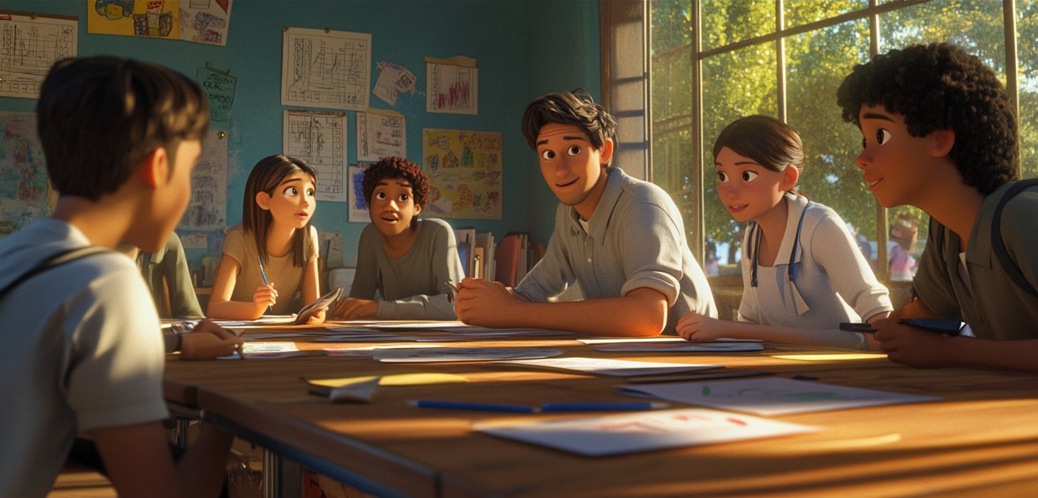 5 adolescents en classe avec leur prof de math