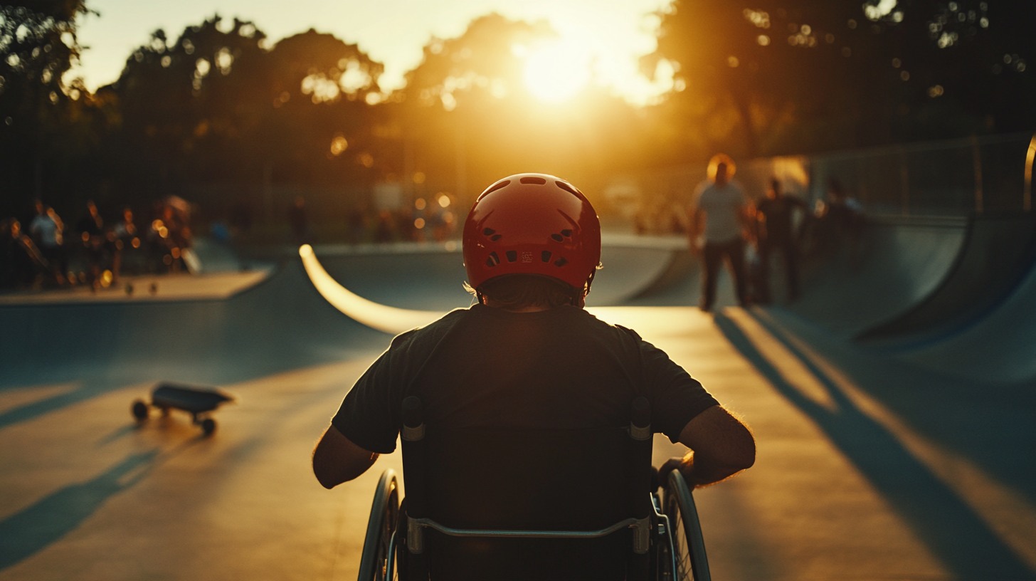 un homme en fauteuil roulant, avec un casque rouge, dans un skatepark