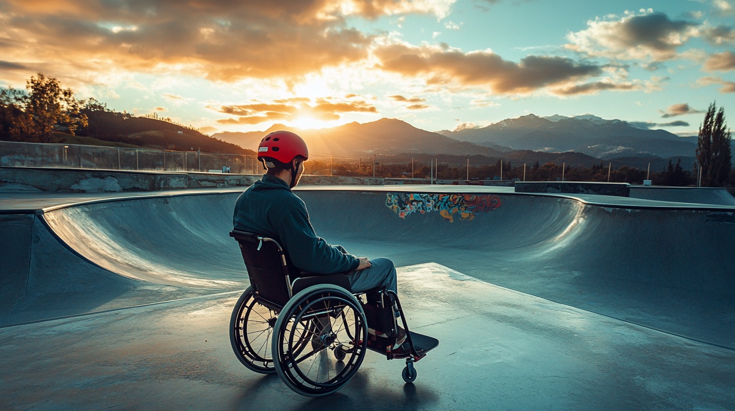 un homme en fauteuil roulant, avec un casque rouge, dans un skatepark