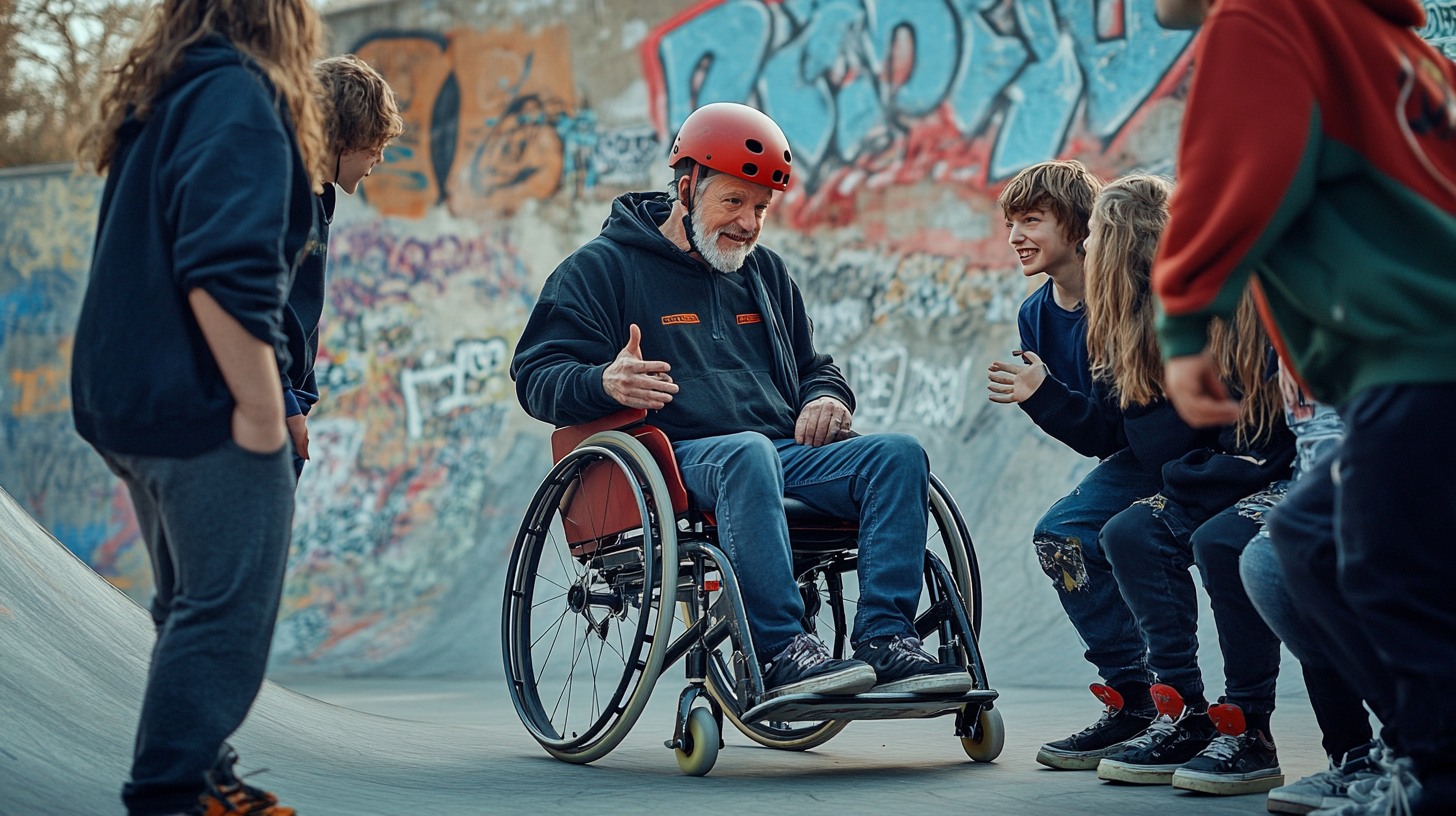 un homme en fauteuil roulant, avec un casque rouge, dans un skatepark, entouré d'adolescents